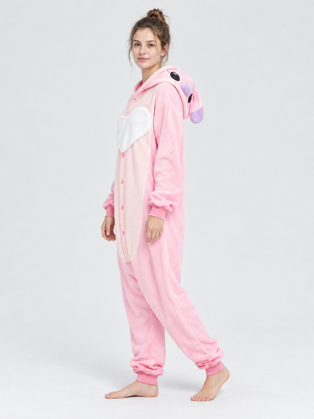 Pink Fleece Pajama Jumpsuit with Hood and Ears