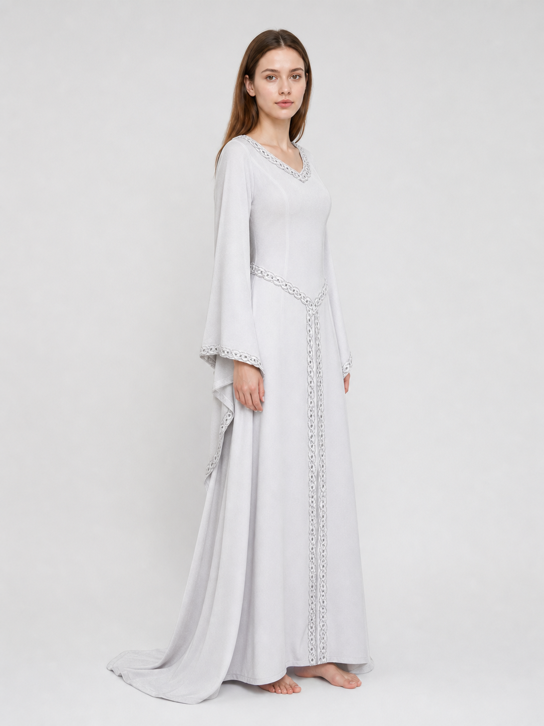 White Maxi Dress with Embroidery and Flared Sleeves