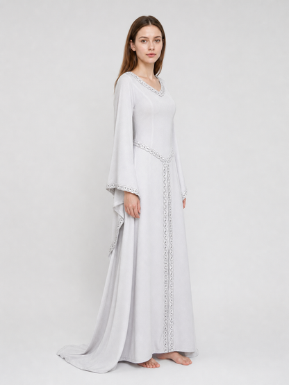 White Maxi Dress with Embroidery and Flared Sleeves
