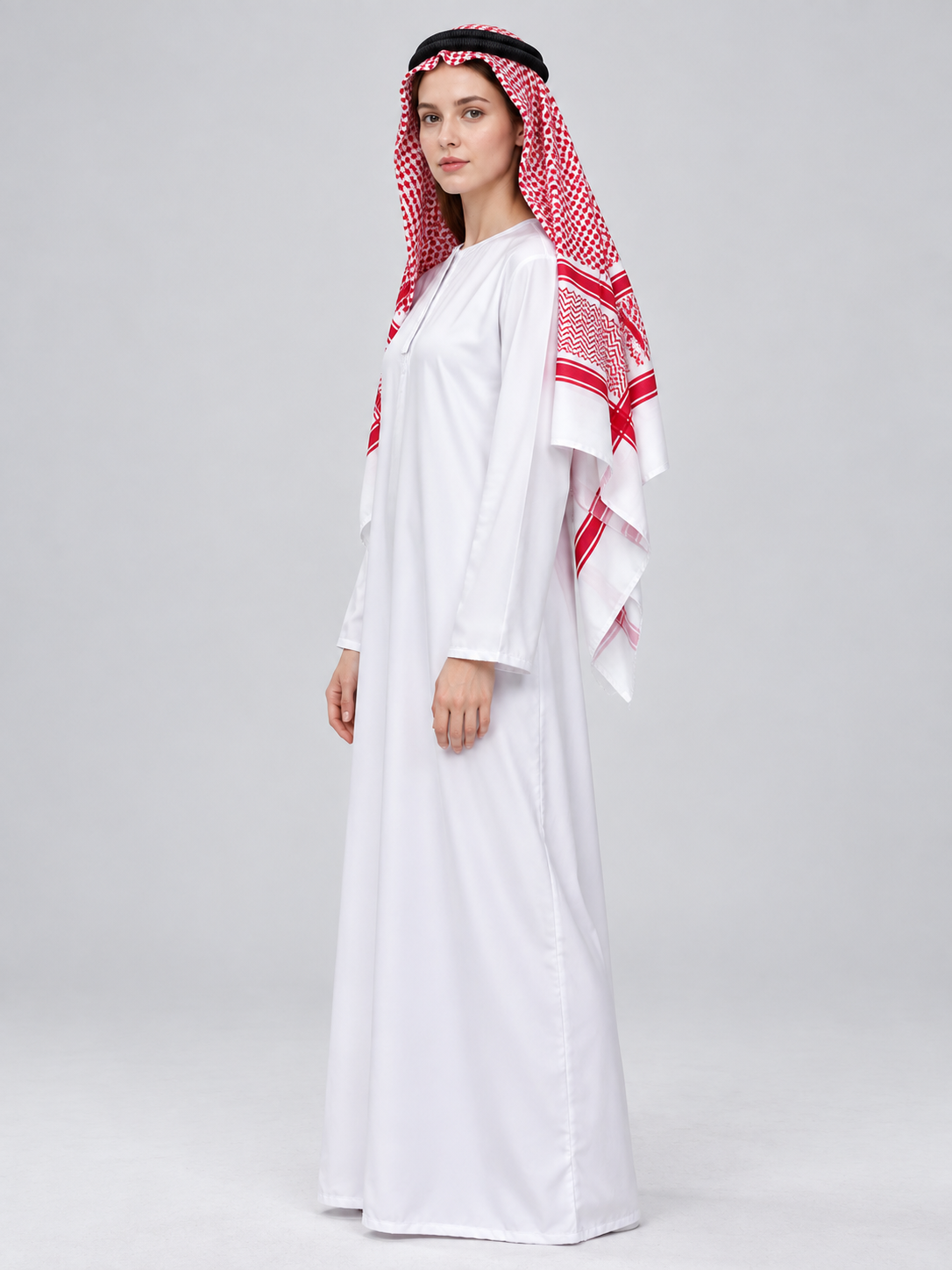 Arabian-themed costume with headscarf side view