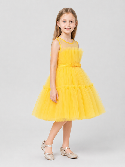 Yellow Princess Dress for Girls, Full Skirt, Bow side view