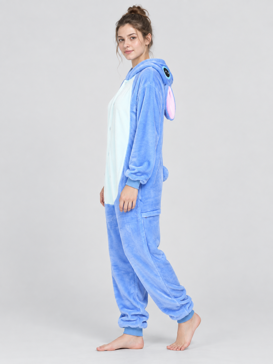 Blue hooded pajama jumpsuit with snap buttons