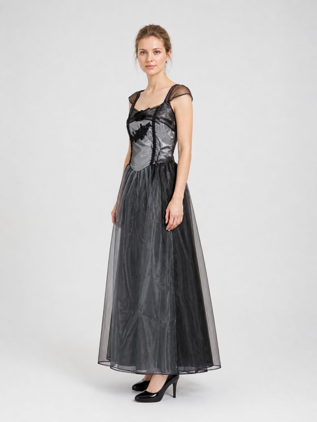 Black and Gray Vampire Bride Costume Dress with Veil side view