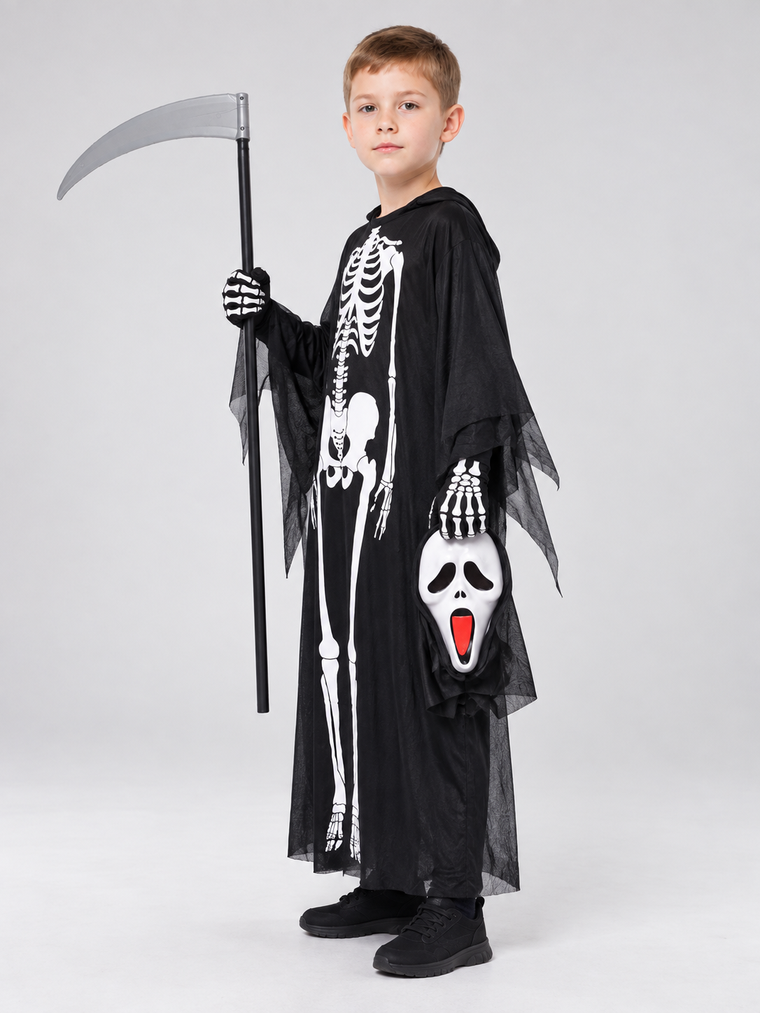 Skeleton Costume with Mask and Props side view