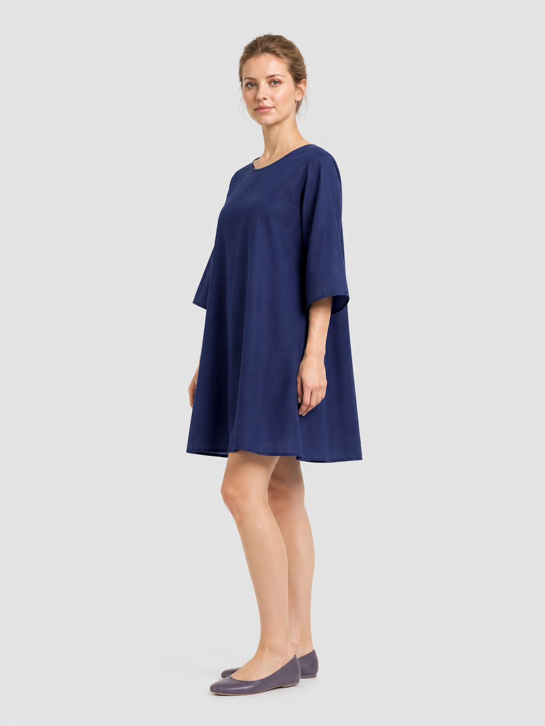 Blue Loose A-Line Dress with Wide Sleeves side view