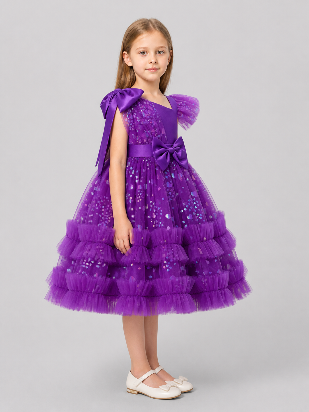 Girls’ Purple Sequin Dress with a Full Skirt side view