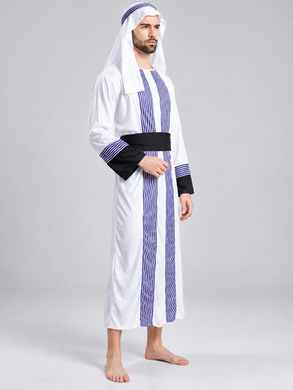 Sheikh Costume: Long Striped Robe, Headscarf, Belt