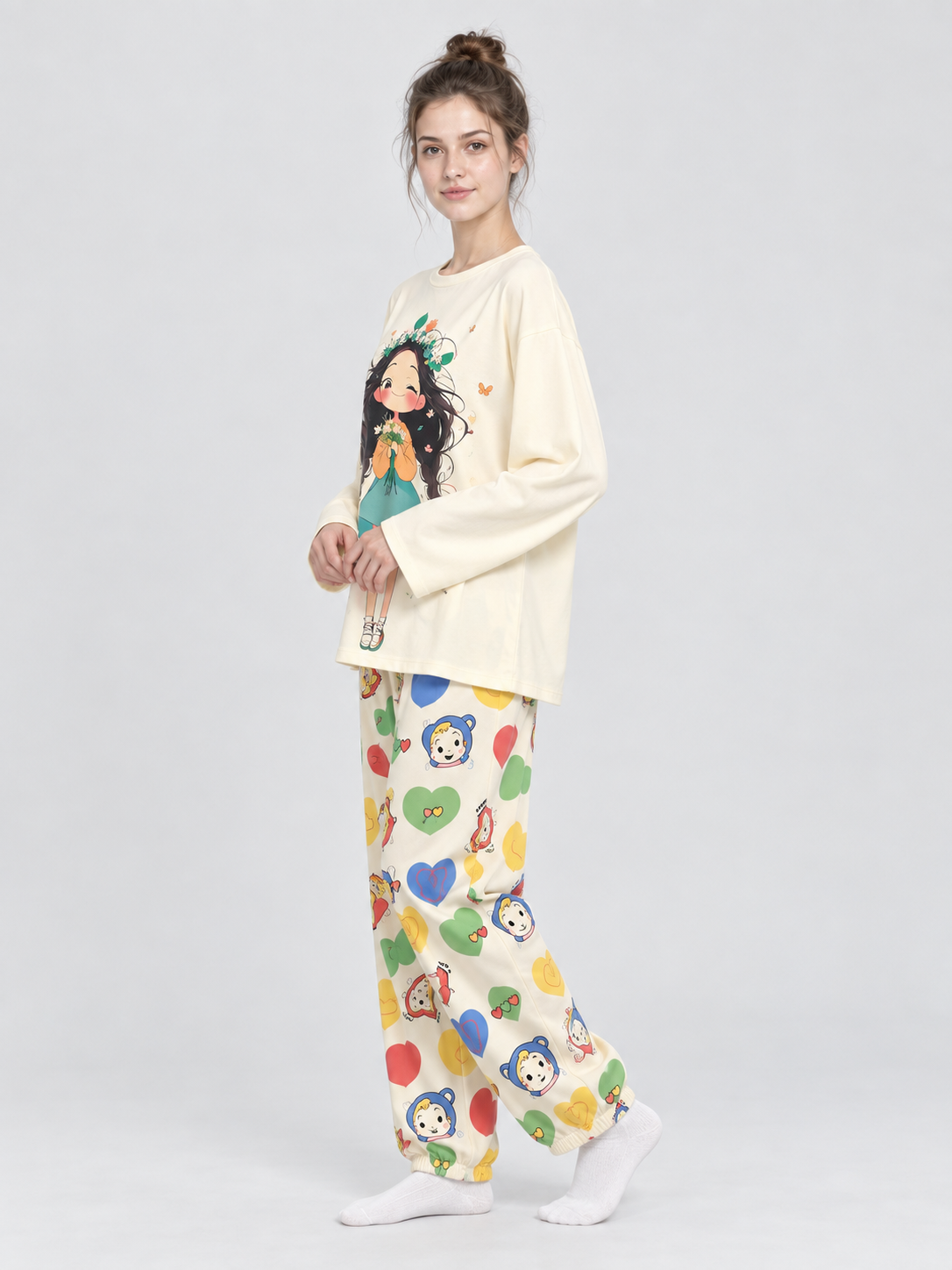 Pajama Set with Cartoon Print and Hearts