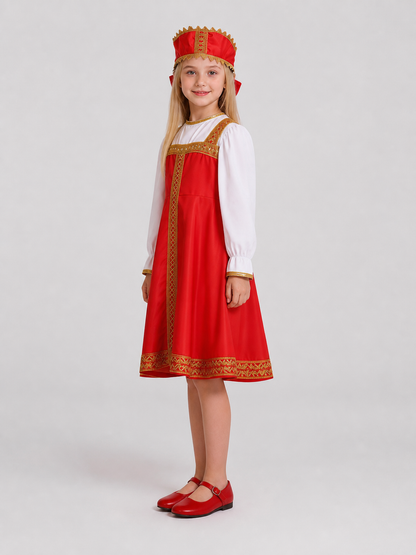 Russian Folk Costume with Headwear, Red and White side view