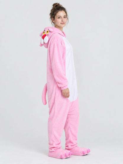 Pink Fleece Hooded Pajama Jumpsuit with Ears