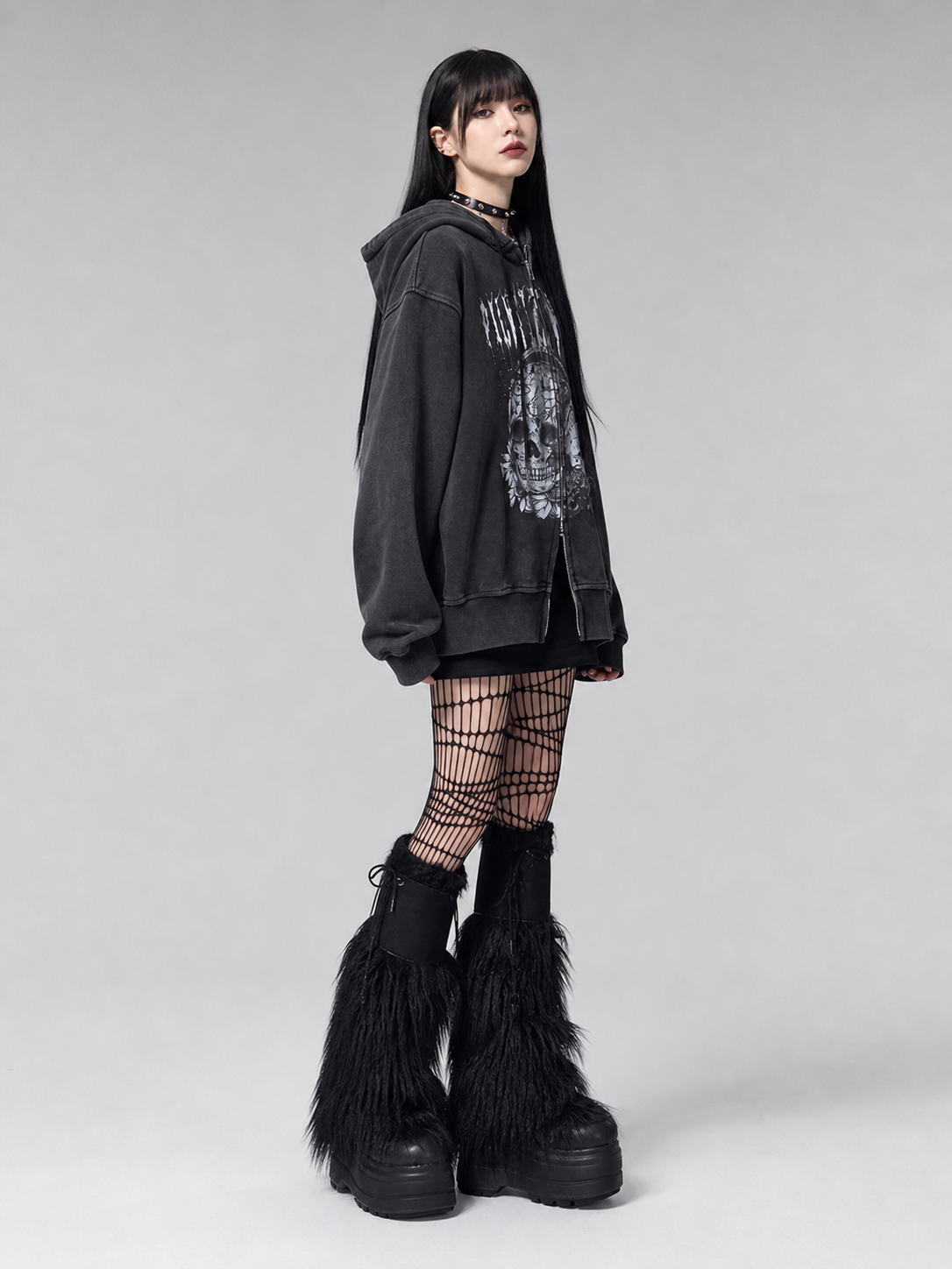 Y2K Skull Print Hoodie, Gothic Oversized
