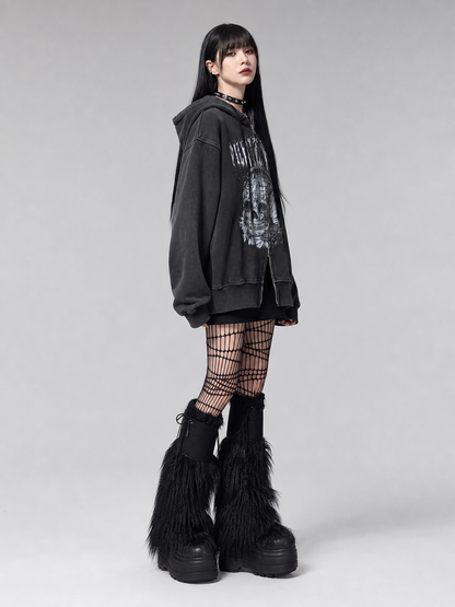 Y2K Skull Print Hoodie, Gothic Oversized