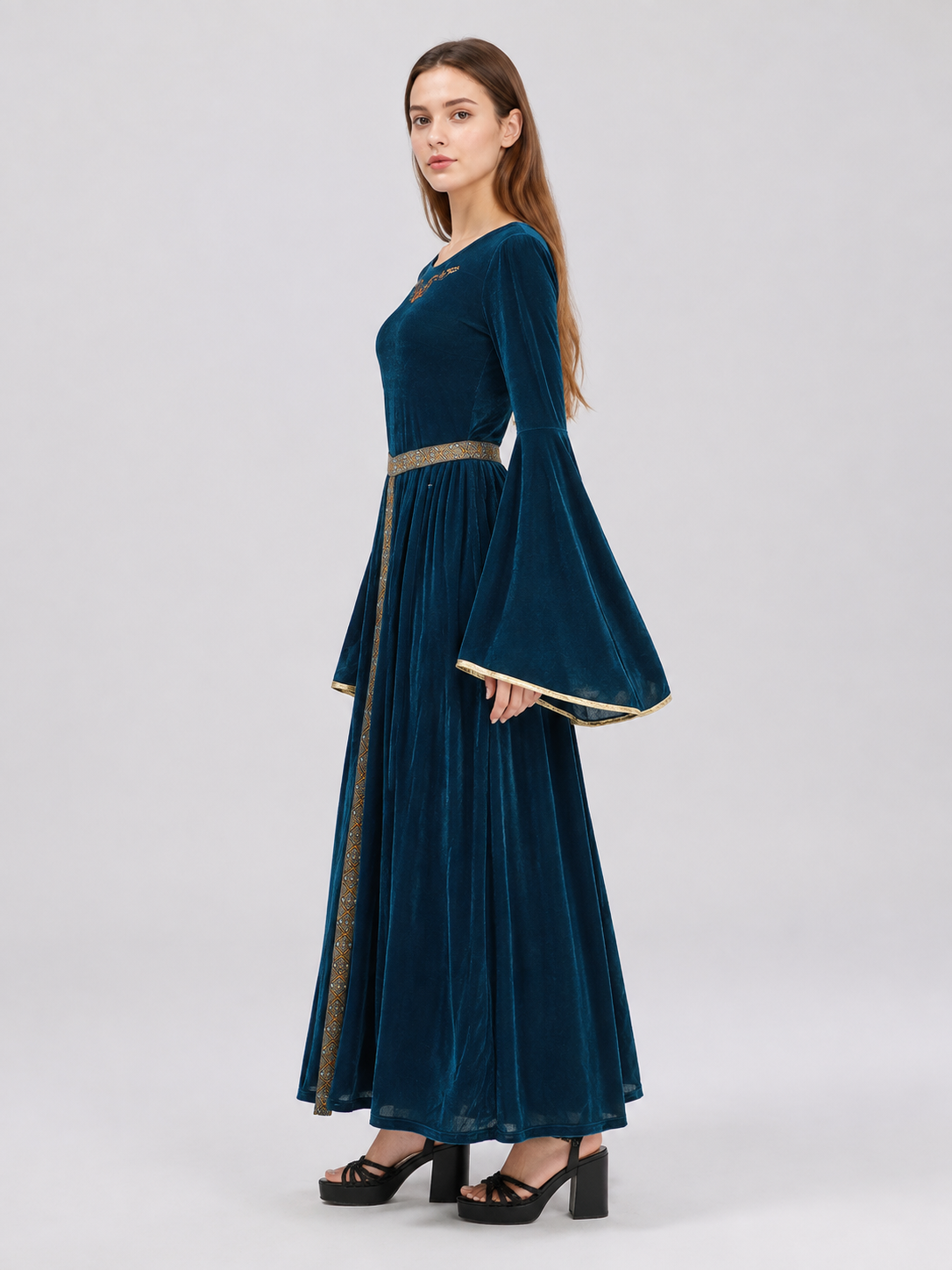 Dark Blue Medieval Dress with Belt side view