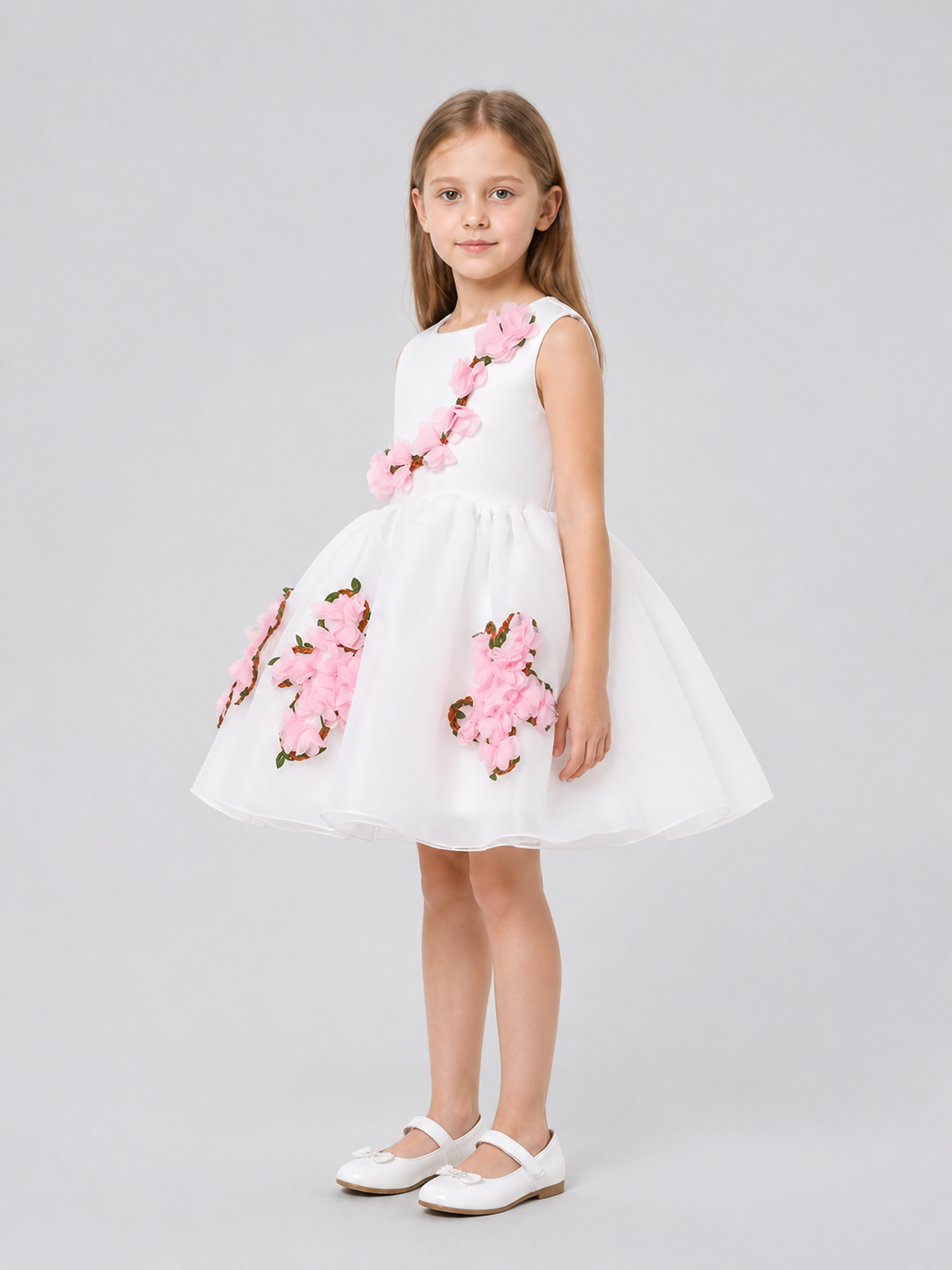 Children's organza dress with a full skirt and flowers side view
