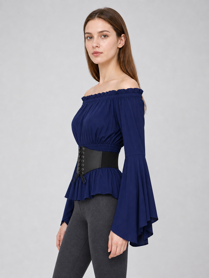 Dark Blue Peplum Blouse with Lace-Up Belt