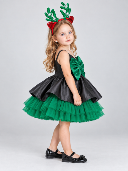 Kids' Party Dress with Bow and Mesh Skirt