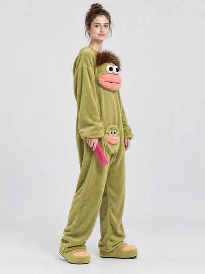 Olive Green Pajama Jumpsuit with Cartoon Design