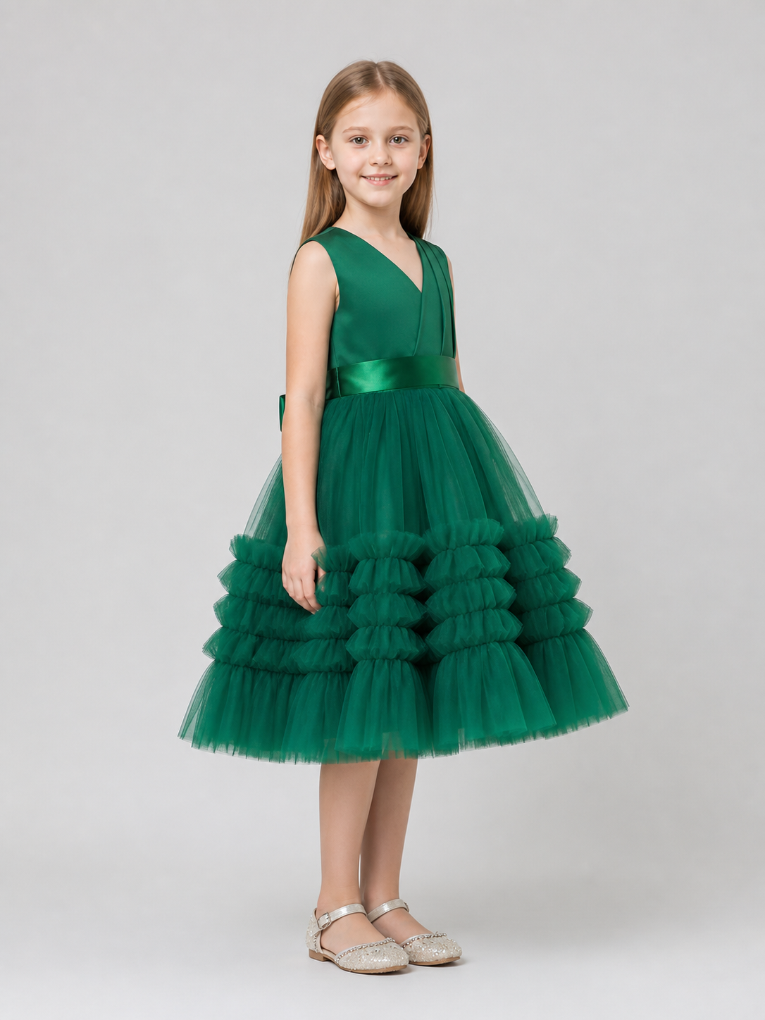 Dark Green Princess Dress for Girls with a Full Skirt side view