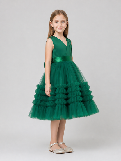 Dark Green Princess Dress for Girls with a Full Skirt side view