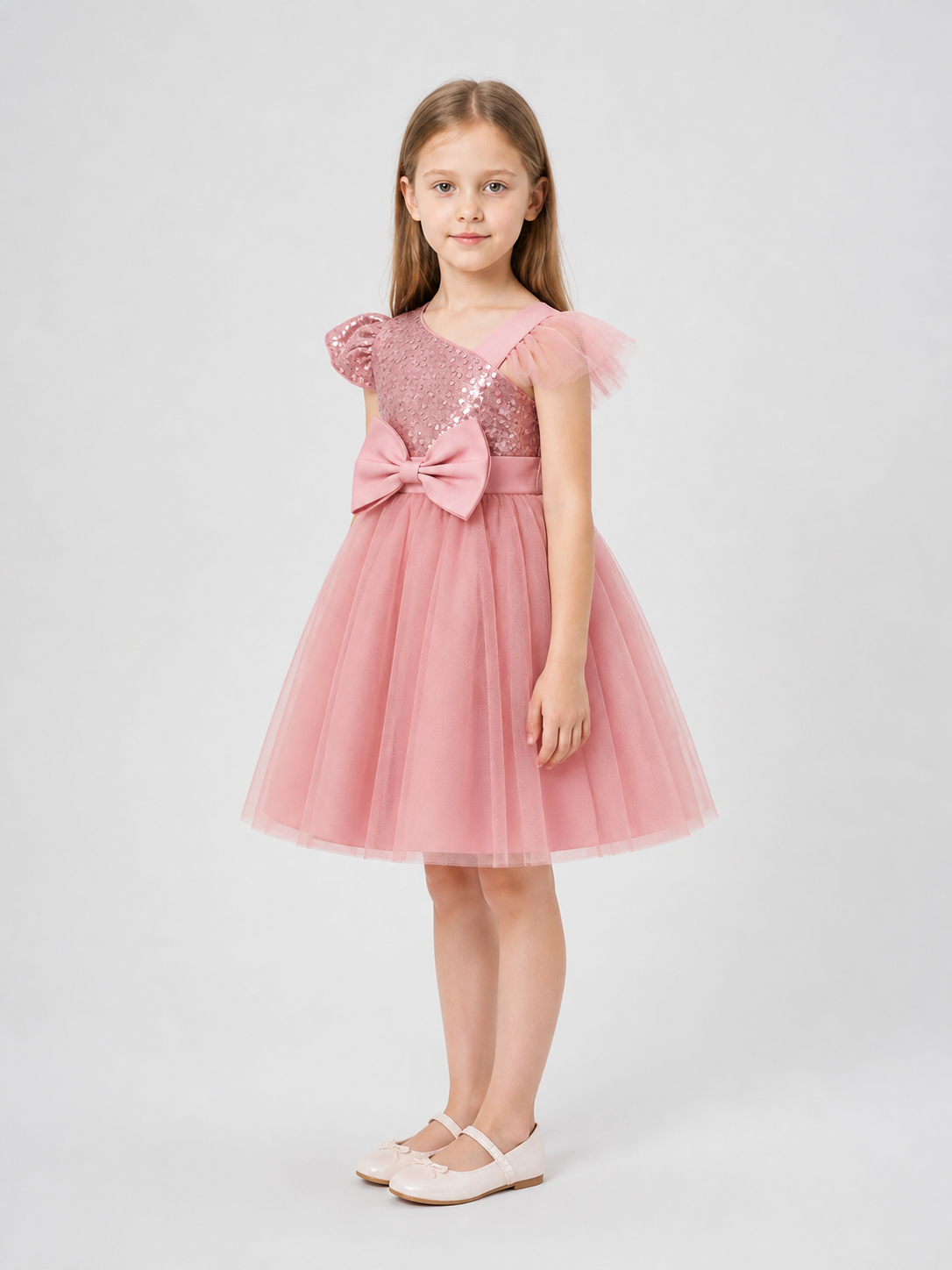 Princess Dress with Sequins, Full Skirt, and Bow side view