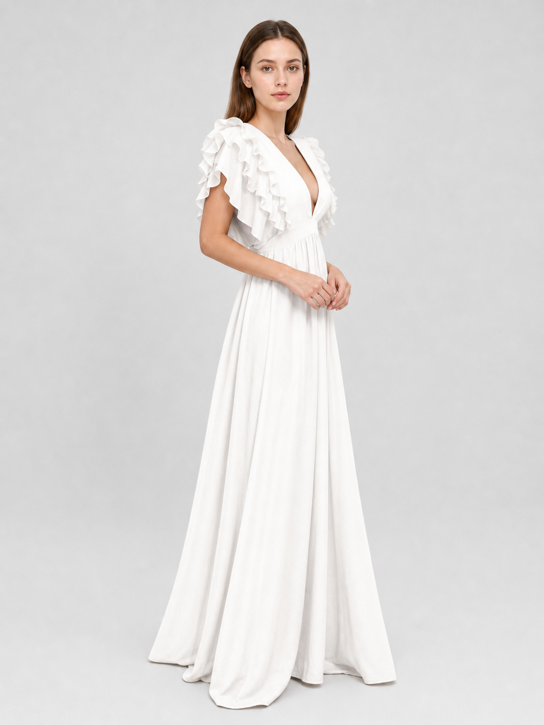 White Floor-Length Dress with a V-Neckline and Ruffled Sleeves