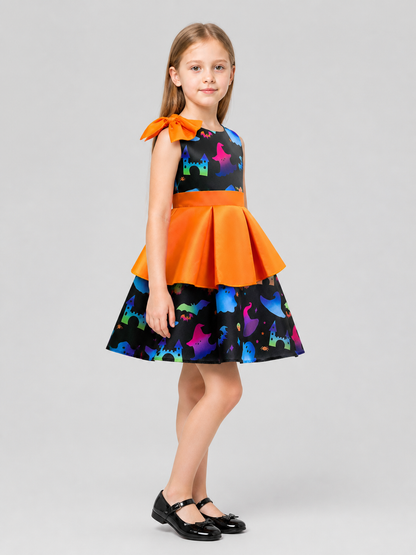 Children's Halloween Print Dress with Full Skirt side view
