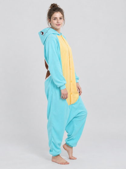 Turquoise-Yellow Hooded Pajama Jumpsuit with Face Detail