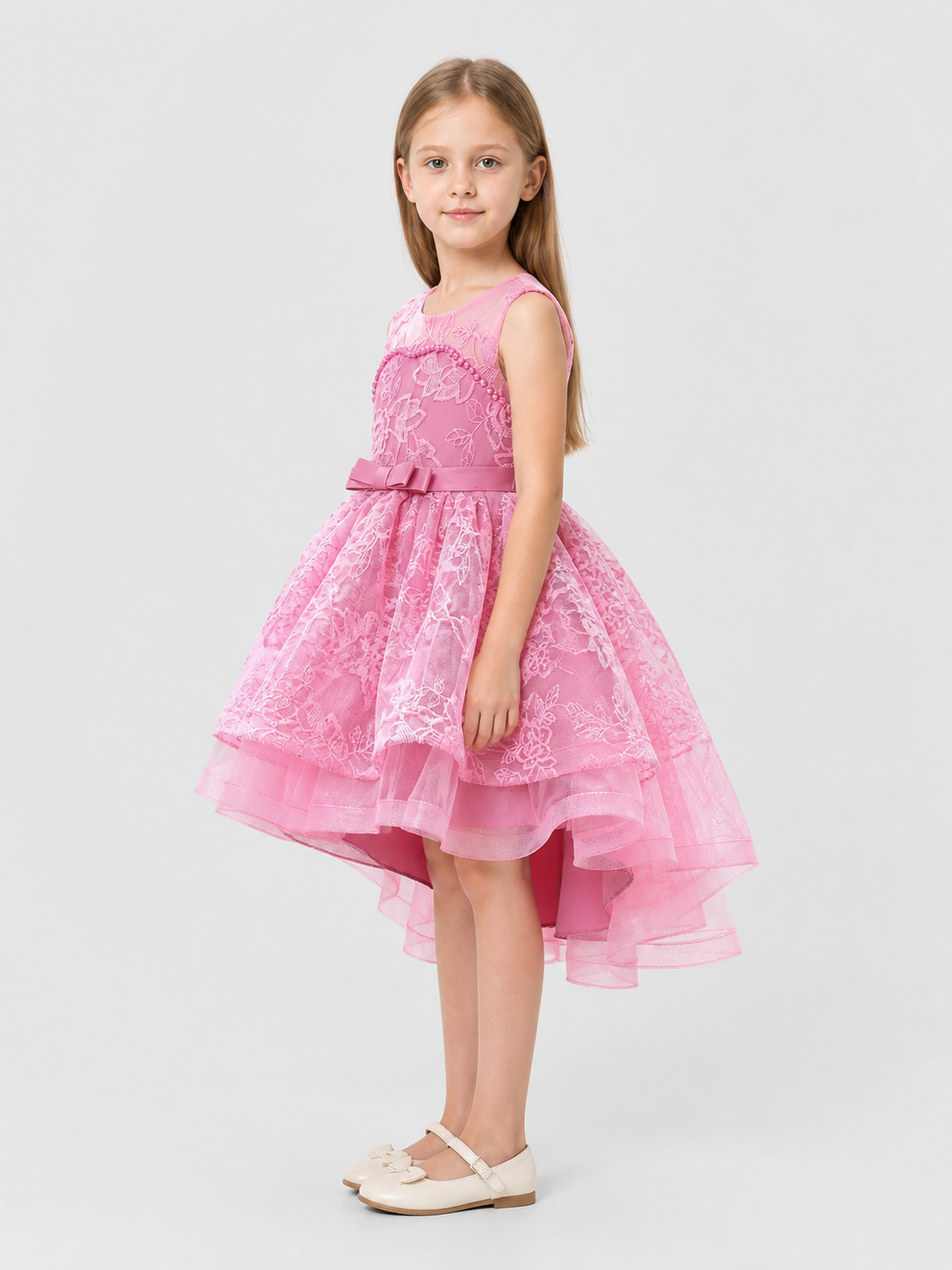 Pink Princess Dress with Bow and Lace Embroidery side view