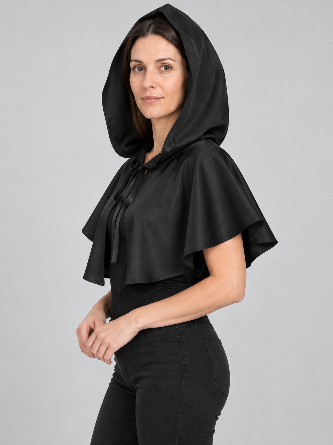 Black hooded cape with no sleeves and ties
