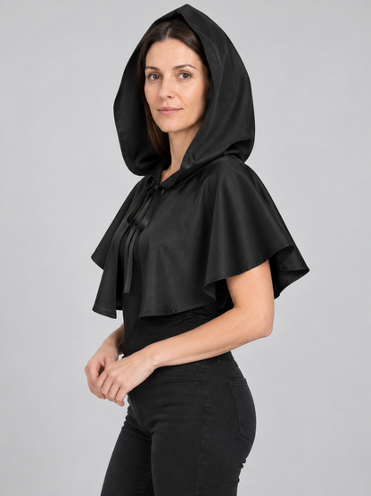 Black hooded cape with no sleeves and ties