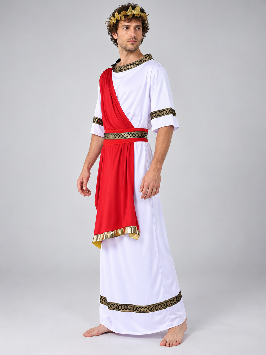White Ancient-Style Costume with Draping and Wreath side view