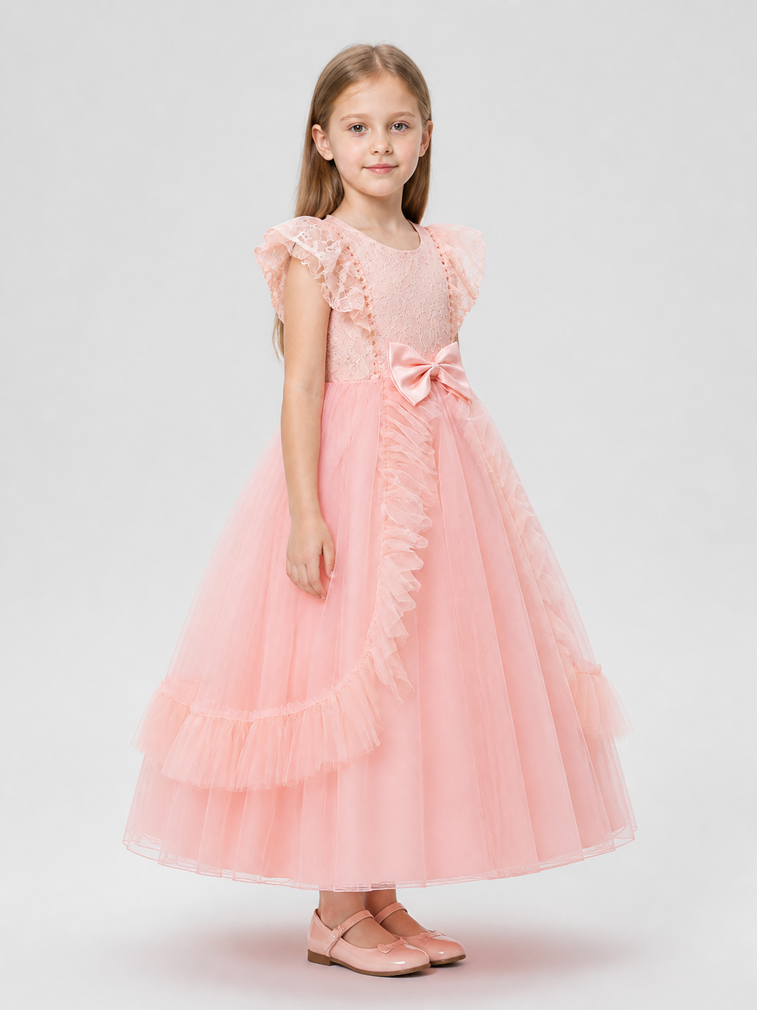 Dressy Pink Princess Dress with Bow and Full Skirt side view