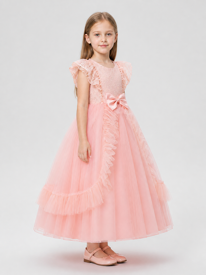 Dressy Pink Princess Dress with Bow and Full Skirt side view