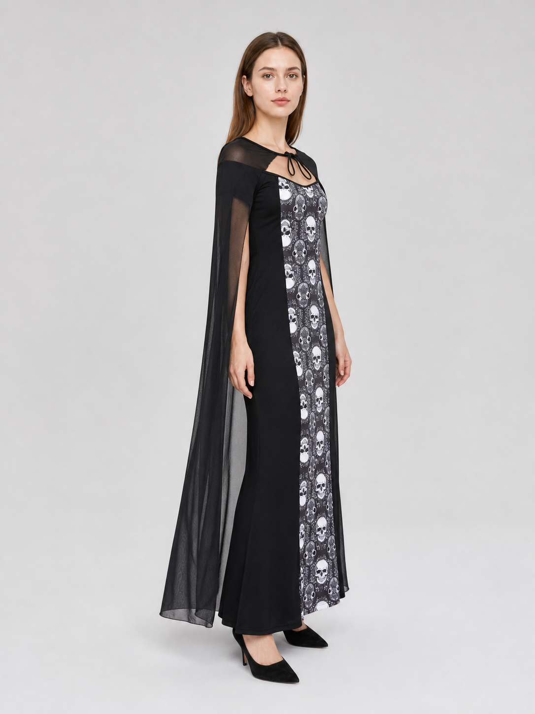 Gothic Carnival Costume with Dress and Cape side view