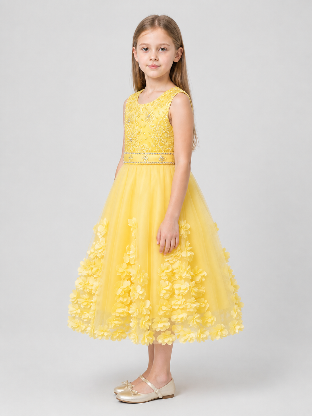 Yellow Girls' Tutu Dress with Flowers and Beads side view