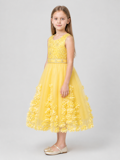 Yellow Girls' Tutu Dress with Flowers and Beads side view