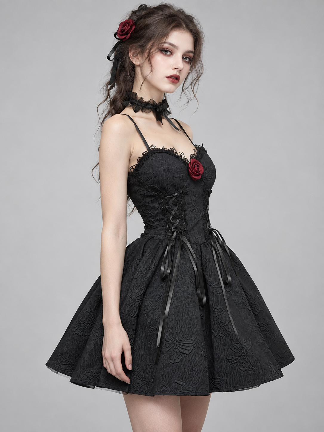 Gothic Black Short Dress with Red Rose
