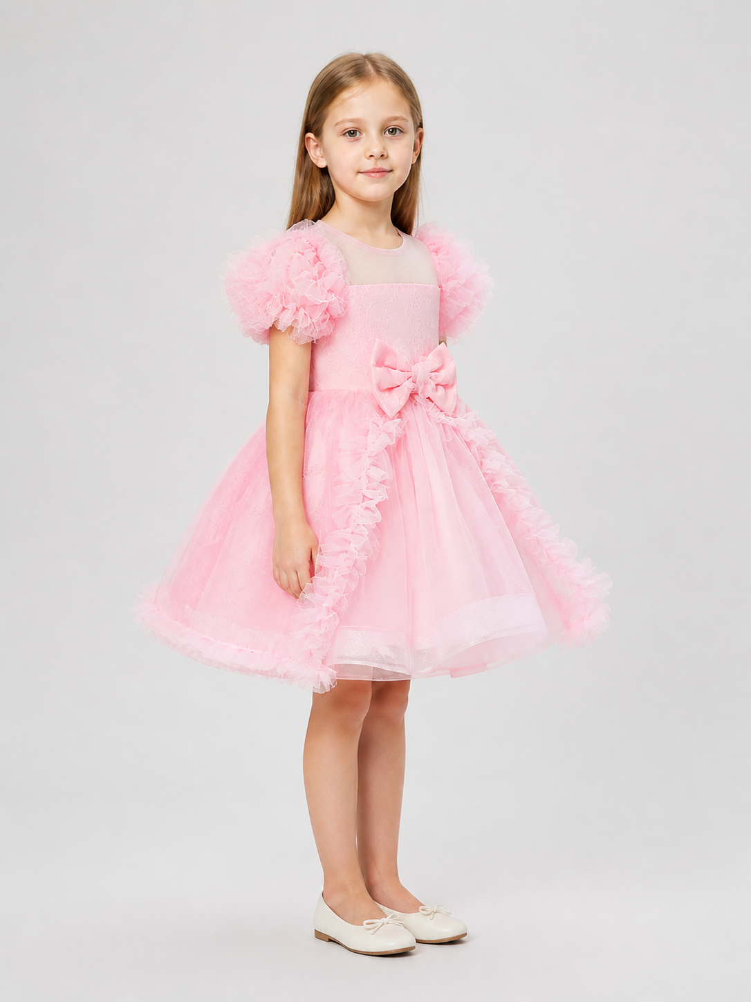 Pink Tutu Dress for Girls with Bow and Lace Trim side view