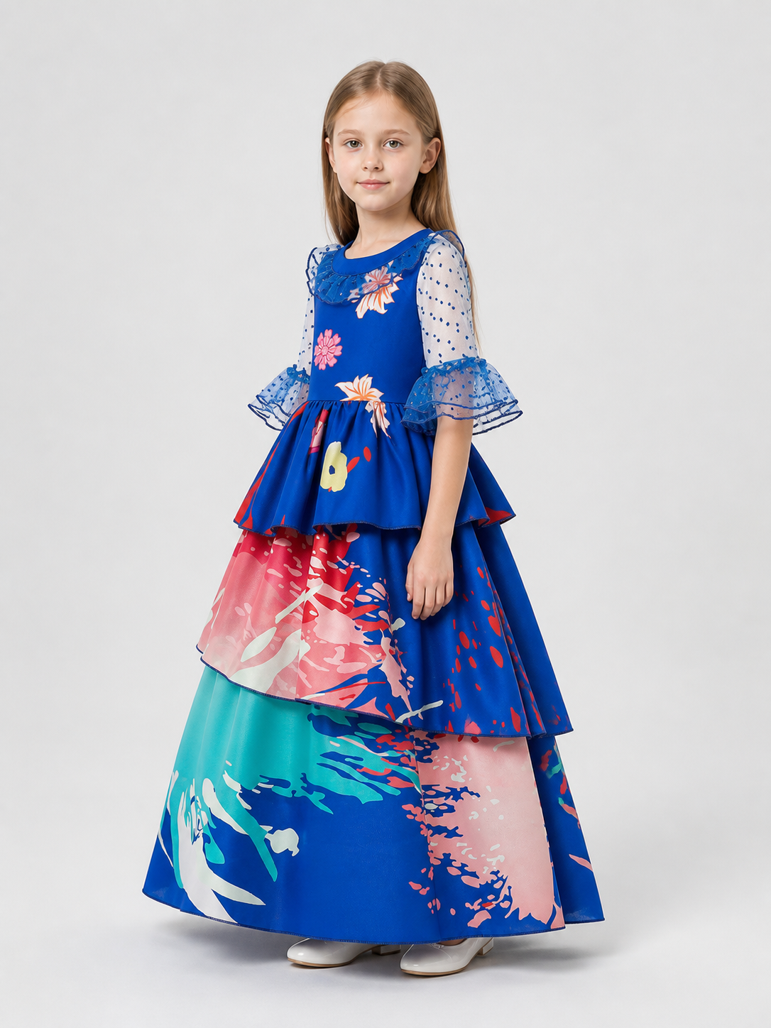 Children's cosplay dress with a full skirt and ruffles side view