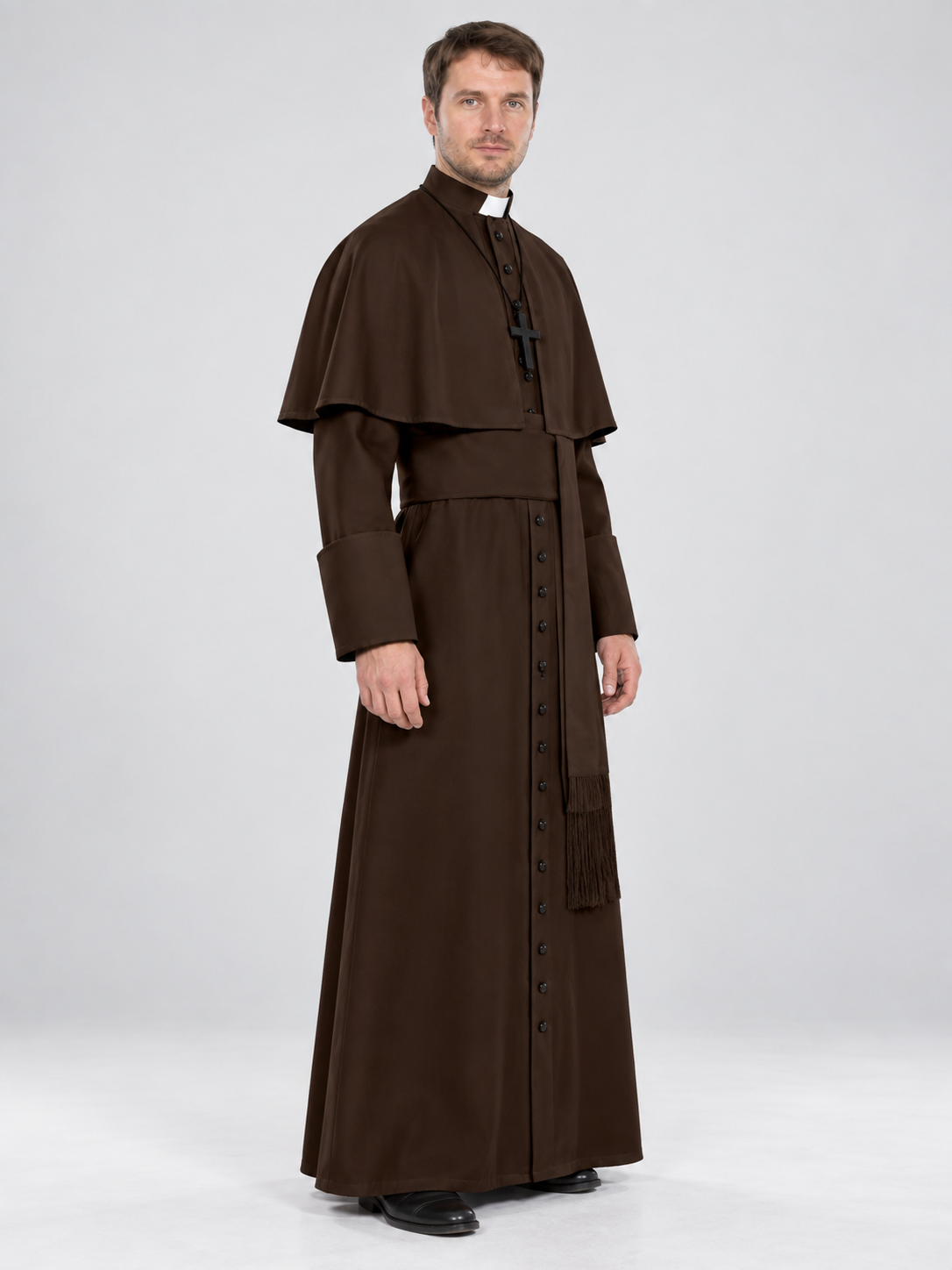 Brown Polyester Priest Costume with Cape and Belt