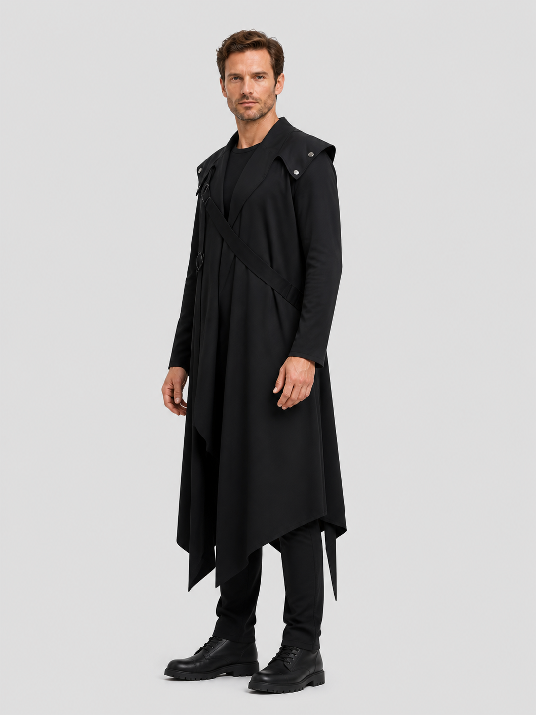 Black Long Cloak with an Asymmetrical Hem and Rivets side view