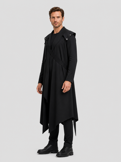 Black Long Cloak with an Asymmetrical Hem and Rivets side view