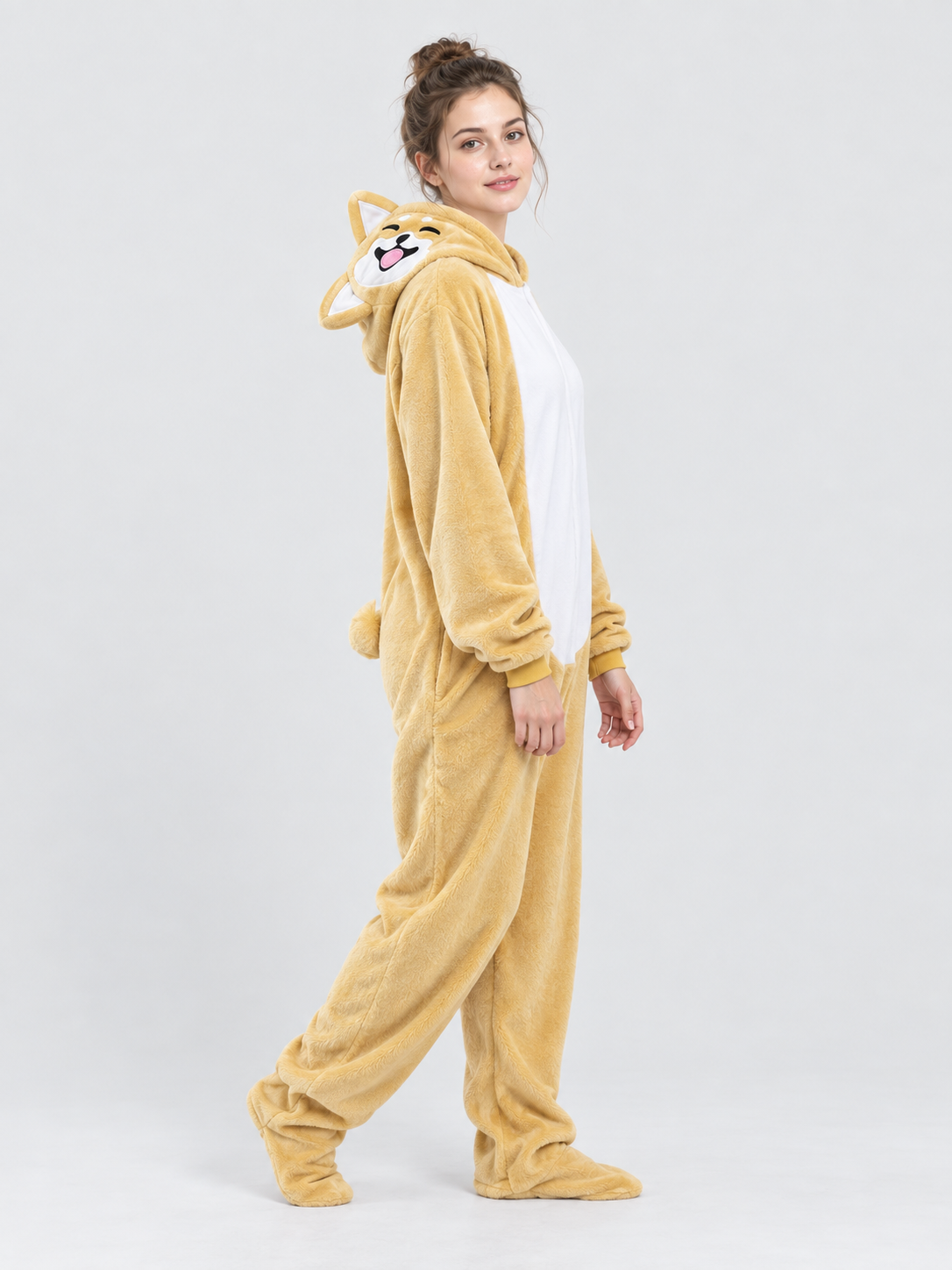 Plush yellow-beige kigurumi pajama with hood and ears
