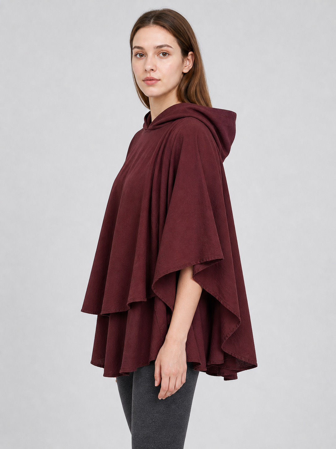 Hooded Cloak Halloween Costume, 1pc Dark Red Medieval Fantasy Cape With Attached Hood, Draped Sleeves And Layered Panels For Cosplay