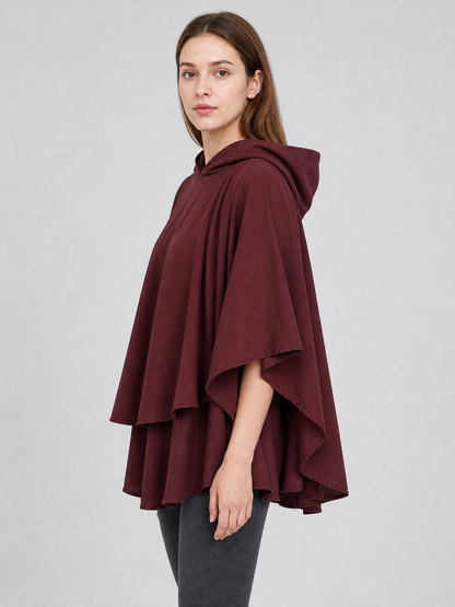 Hooded Cloak Halloween Costume, 1pc Dark Red Medieval Fantasy Cape With Attached Hood, Draped Sleeves And Layered Panels For Cosplay