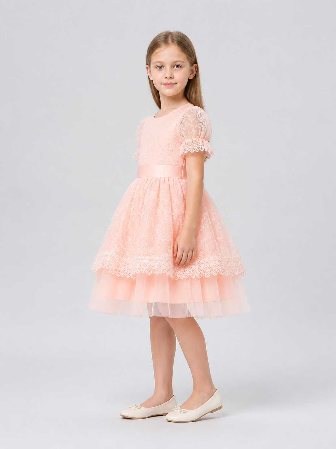 Pink Princess Dress for Girls with Embroidery and Lace side view