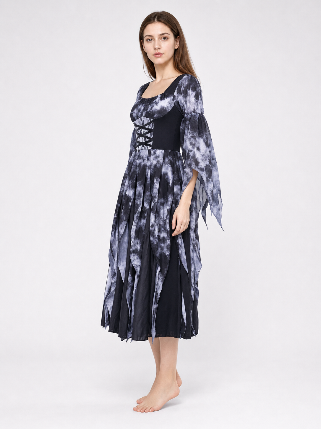 Gothic Dress with Lacing, Veil, and Tiered Skirt side view