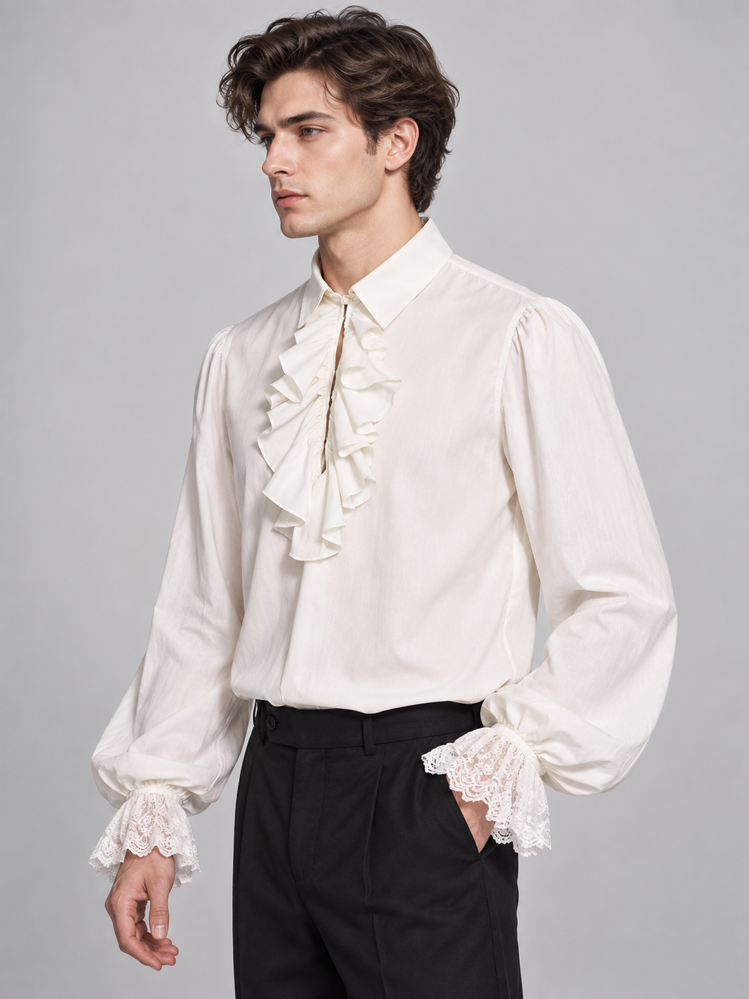 White shirt with a jabot and lace cuffs