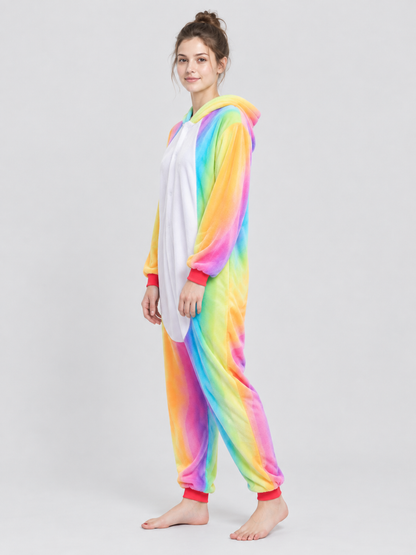 Hooded Pajama Jumpsuit with Rainbow Pattern