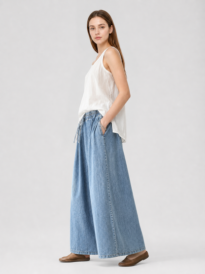 Light Blue Palazzo Pants with an Elastic Waist side view 5